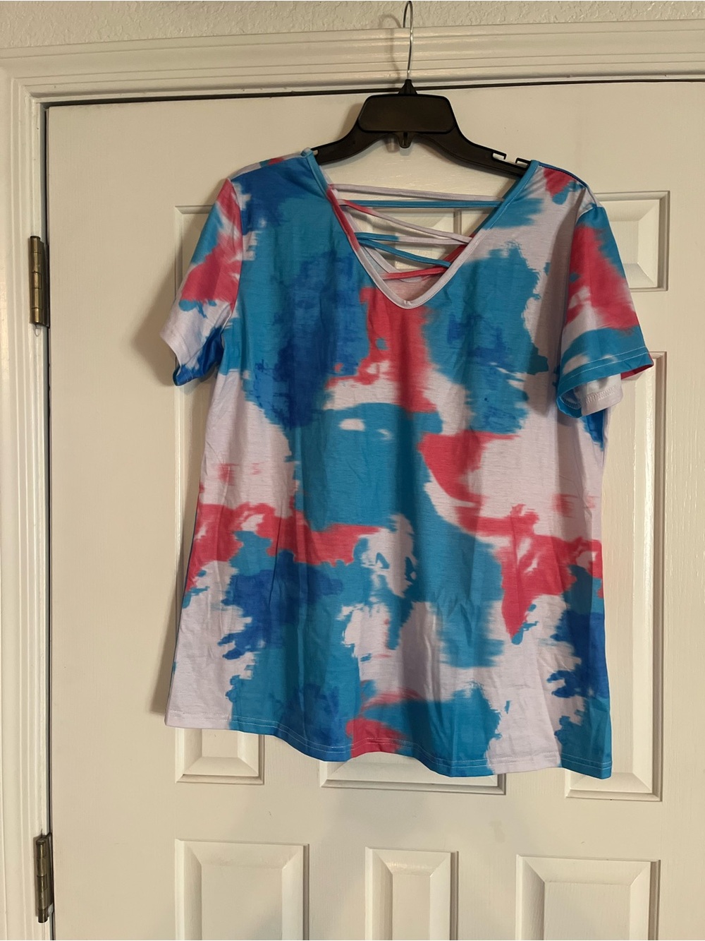 Crisscross V-Neck Tie-Dye Short Sleeve Top - Blue & Pink